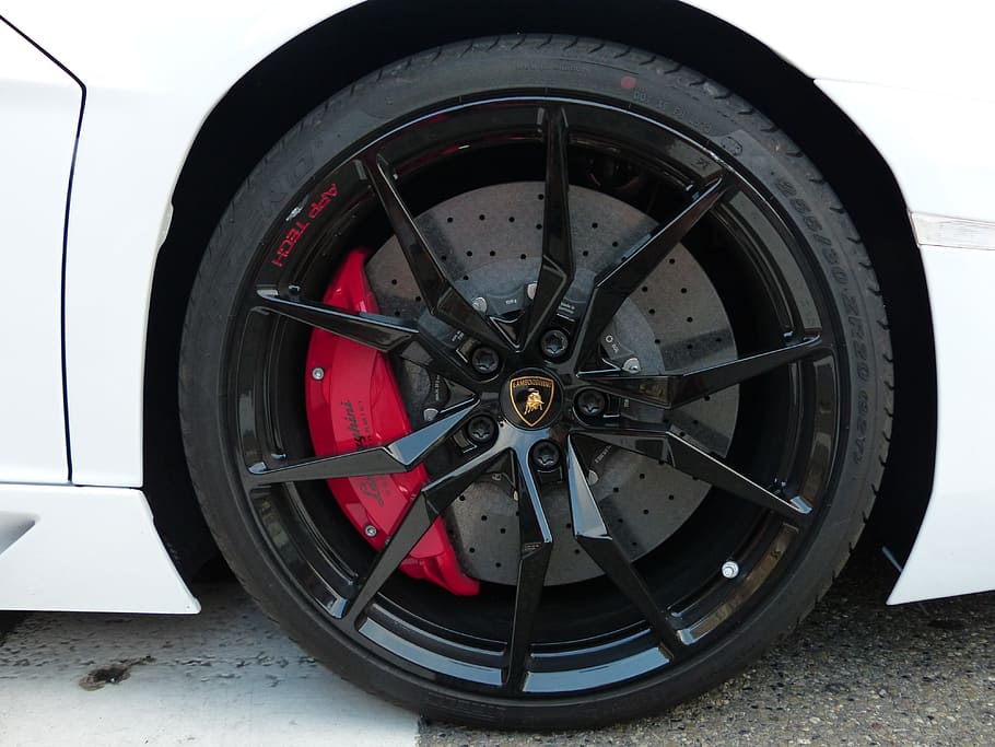 black, lamborghini multi-spoke wheel, tire, Wheel, Rim, Disc Brake, brake, sports car, car, transportation