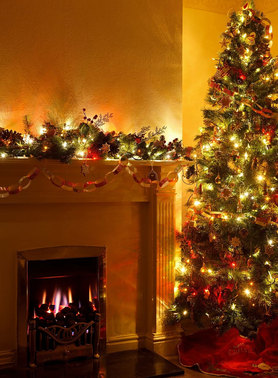 green, pre-lit tree, fireplace, cozy, december, decoration, eve, festive, fire, flame