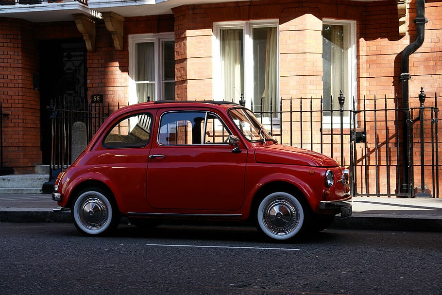 Fiat 500, máquina, Londres, Inglaterra, calle, arquitectura, transporte, vehículo terrestre, estructura construida, modo de transporte
