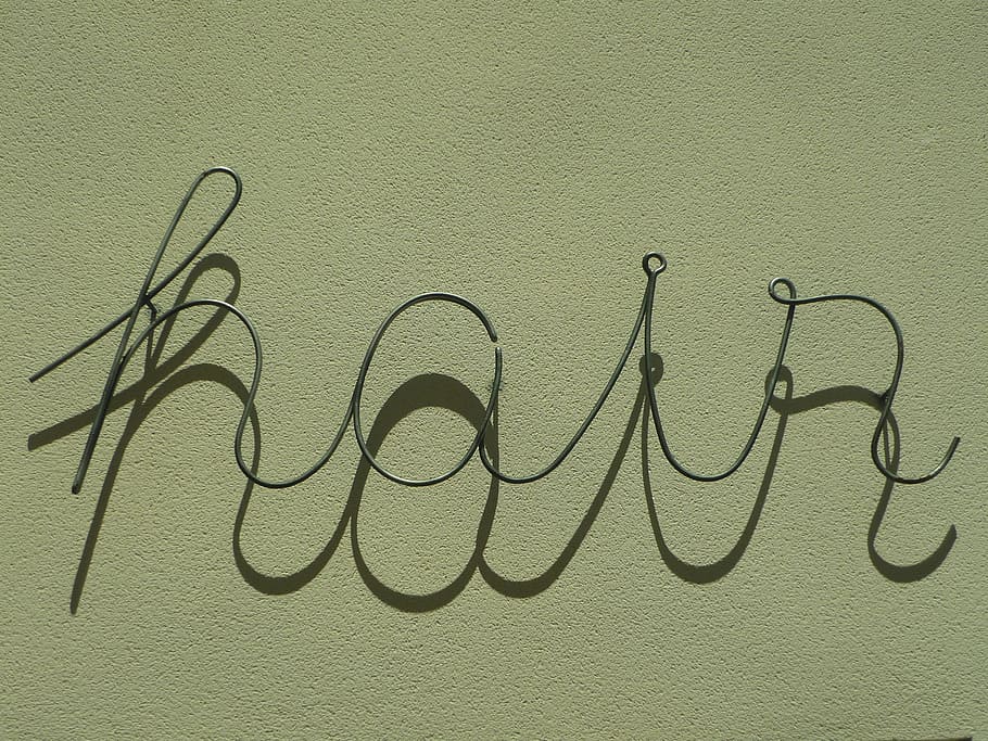gris, metal decoración para el cabello, cabello, letras, metálico, sombra, peluquería, establecimiento, fachada, tridimensional