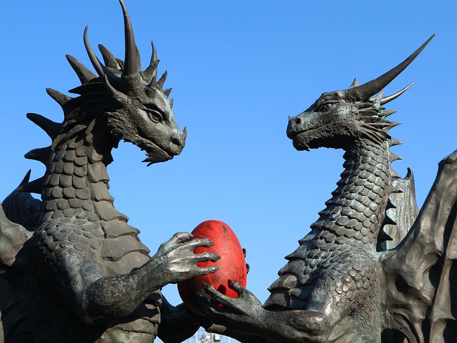 two, dragon, holding, head statue, sculpture, statue, park sculpture, varna, bronze, sky