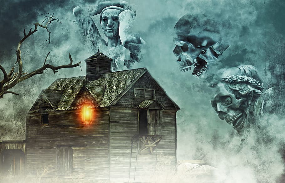Marrón, madera, casa, tres, foto fantasma, casa embrujada, embrujada, halloween, muerto, muerte
