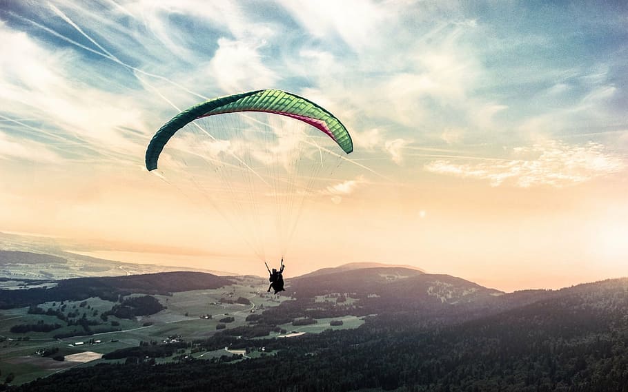 paracaídas verde, parapente, para, planeador, cielo, aventura, extremo, actividad, deslizamiento, alto