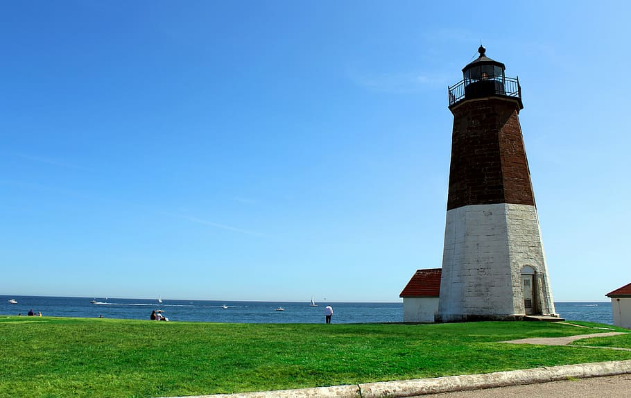 Point Judith, Faro, Narragansett, Rhode Island, océano, costa, azul, verde, soleado, torre