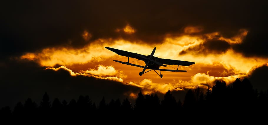 silhouette, plane, daytime, travel, fly, aircraft, sky, sunset, mood, double decker