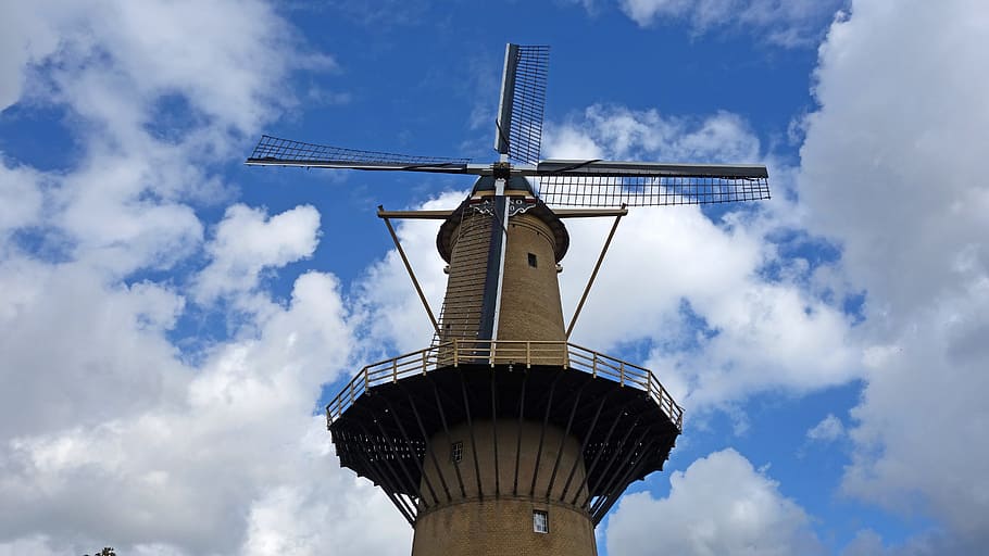 mill, wind mill, grain mill, brandersmolen, historic mill, mill blades, historic building, wicks, blue sky, netherlands