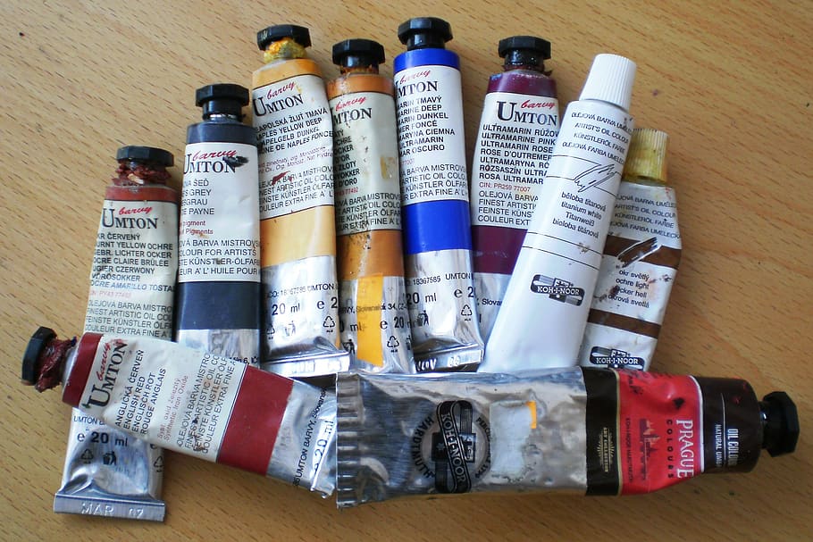 paints, oil, tubes, color, artist, colorful, dirty, paintbrush, painter, brush