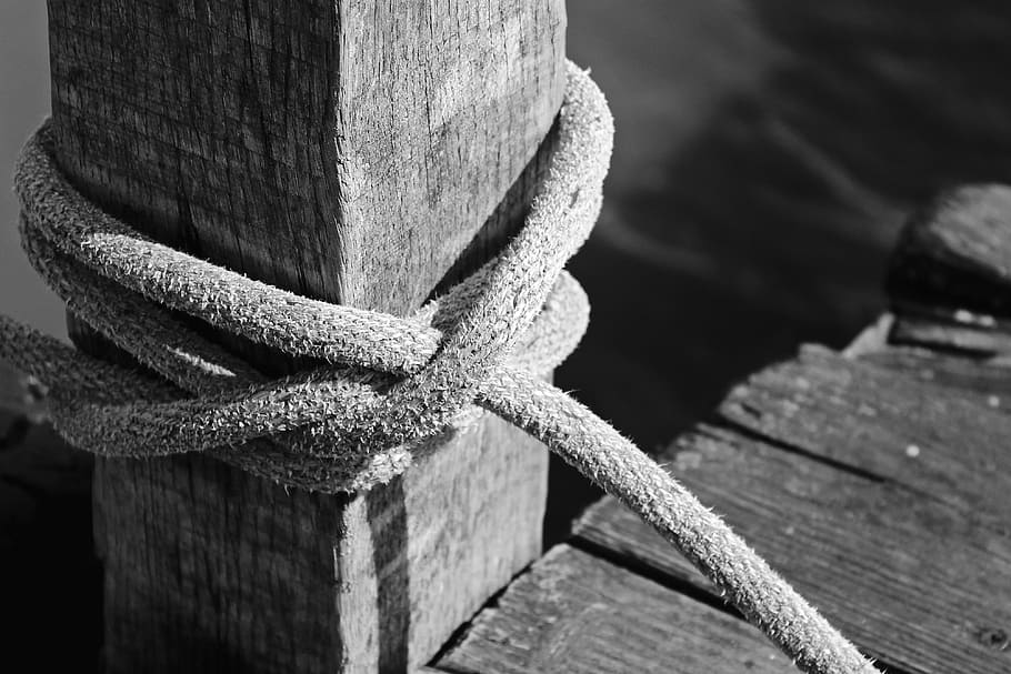 foto en escala de grises, atado, cuerda, madera, amarre de barco, muelle, web, agua, lago, paseo marítimo