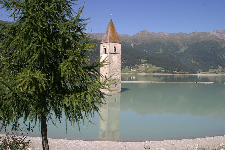 South Tyrol, Italy, Val Venosta, sunken church, lake, mountains, steeple, church, nature, water