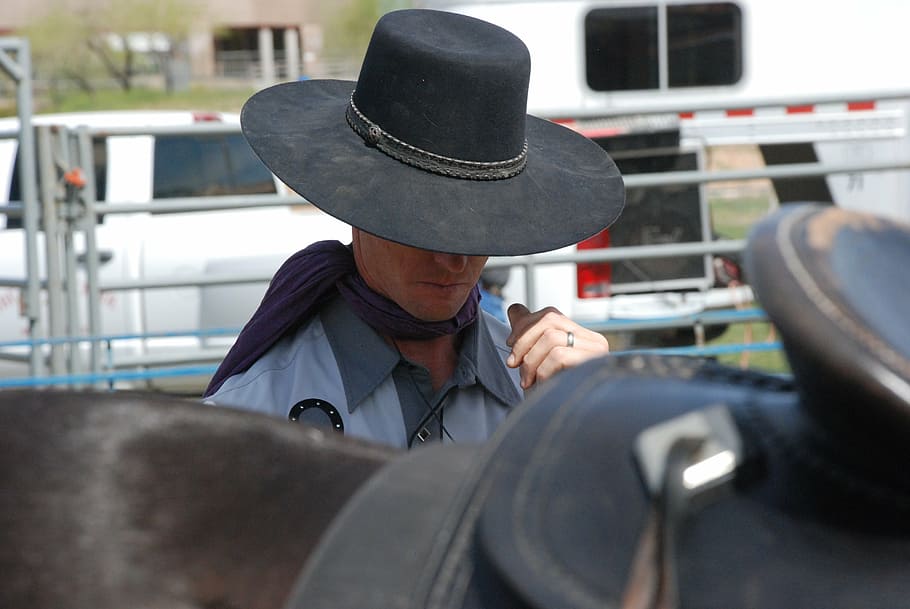 man, standing, horse, daytime, cowboy, hat, western, saddle, american, arizona