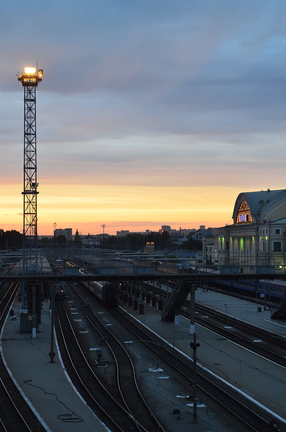 station, rails, trains, stand by, sunset, evening, sky, train, illustration, composition
