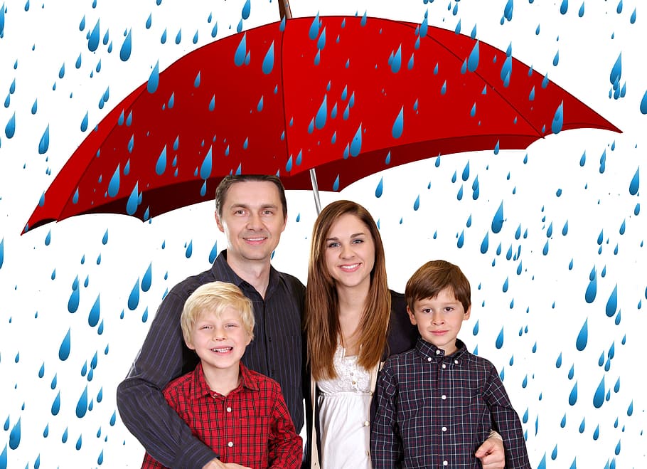 가족 사진, 우산 효과, 가족, 우산, 인간의, 축복합니다, 보안, 그룹, 개인, 실루엣