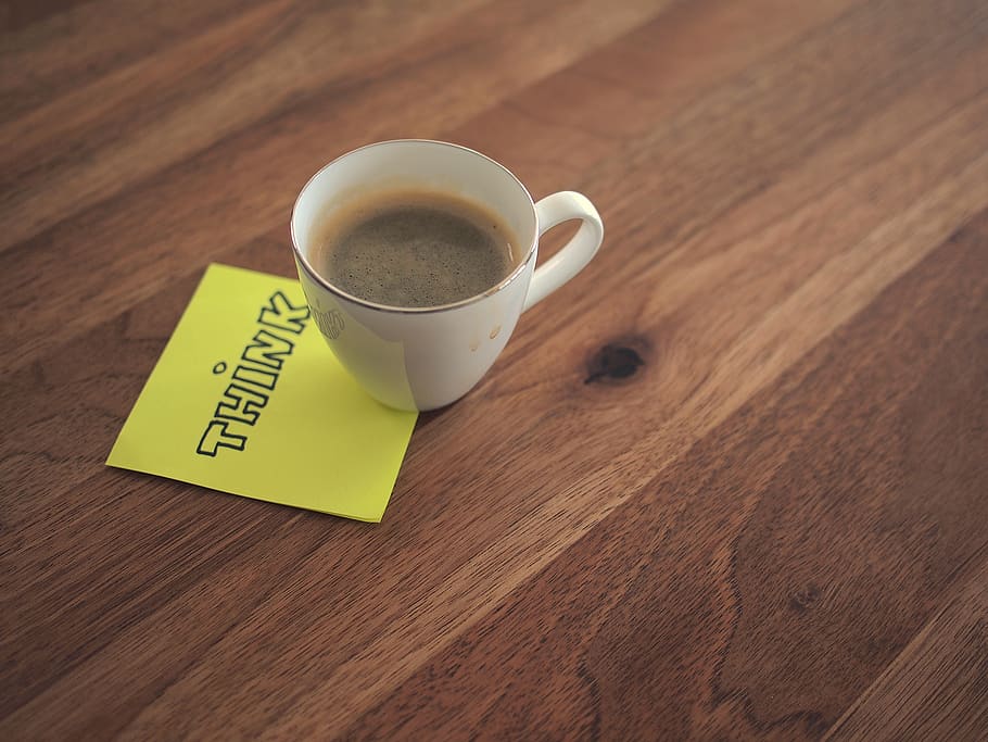 post-it note, coffee, cup, think, wood, desk, office, business, drink, food and drink
