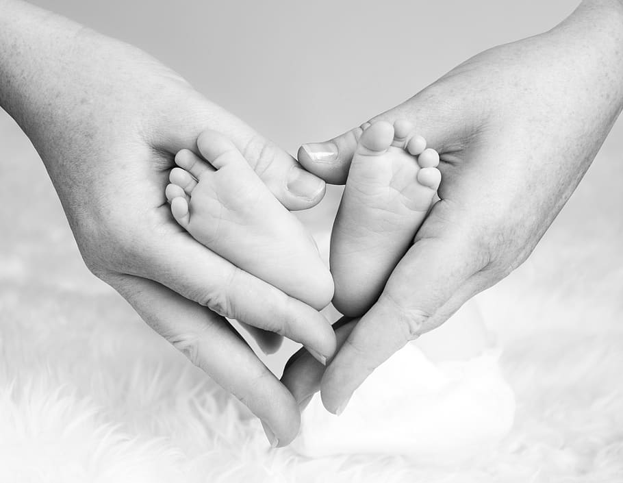 bebé, pies, niños, pequeño, lágrima, blanco y negro, primer plano, pie, manos, corazón