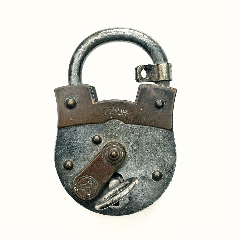 brown, gray, padlock, security, metal, key, lock, cut out, rusty, white background