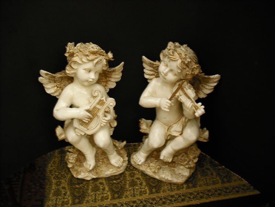 angel, angels, statuettes, pottery, art and craft, sculpture, black background, studio shot, indoors, representation