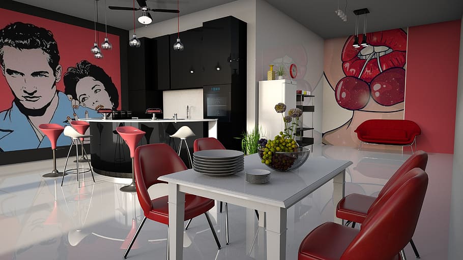 pop-art, cozinha, vermelho, móveis, cartaz, interior de, branco, cerejas, assento, cadeira