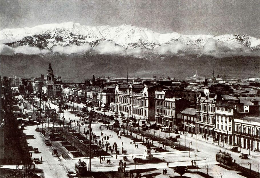 alameda view, 1930, Alameda, view, Santiago, Chile, foto, satu warna, domain publik, model tahun