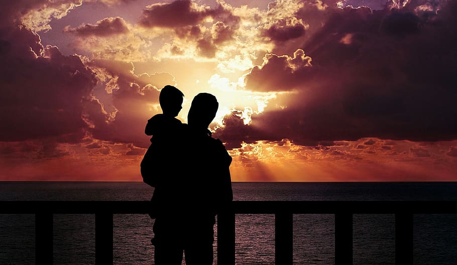 silhouette, man, holding, toddler, golden, time, father and son, happiness, love, standing