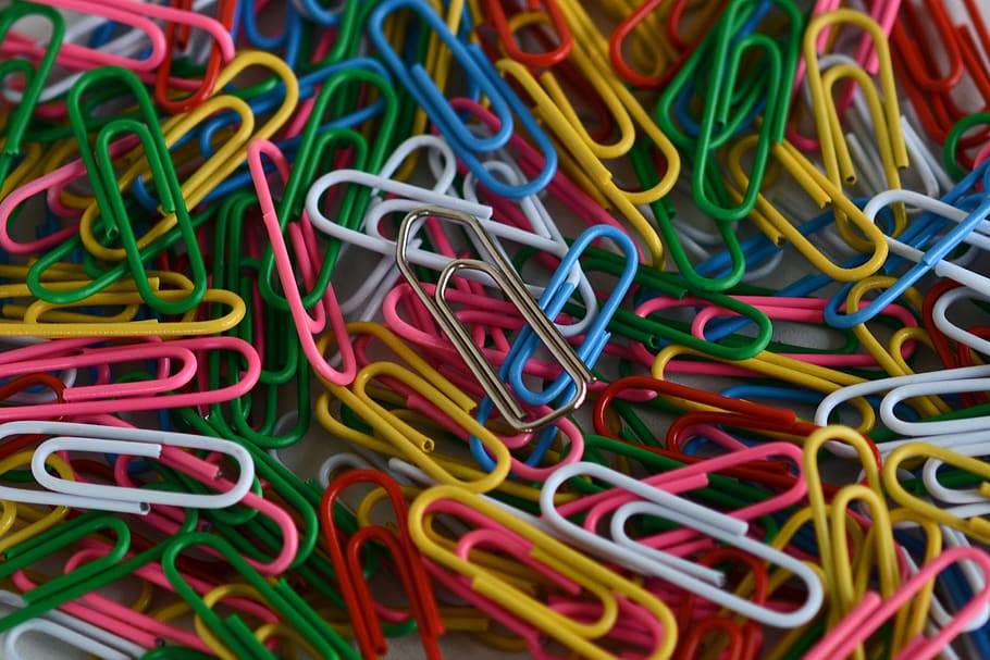 paper clips, unique, keep together, colorful, color, silvery, mixed, office, background, multi colored