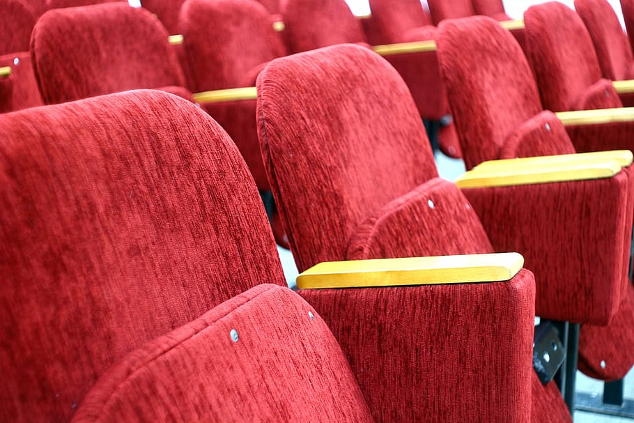 empty, red, fabric armchairs, seat, hall, assembly, cinema, place, ranks, sedentary