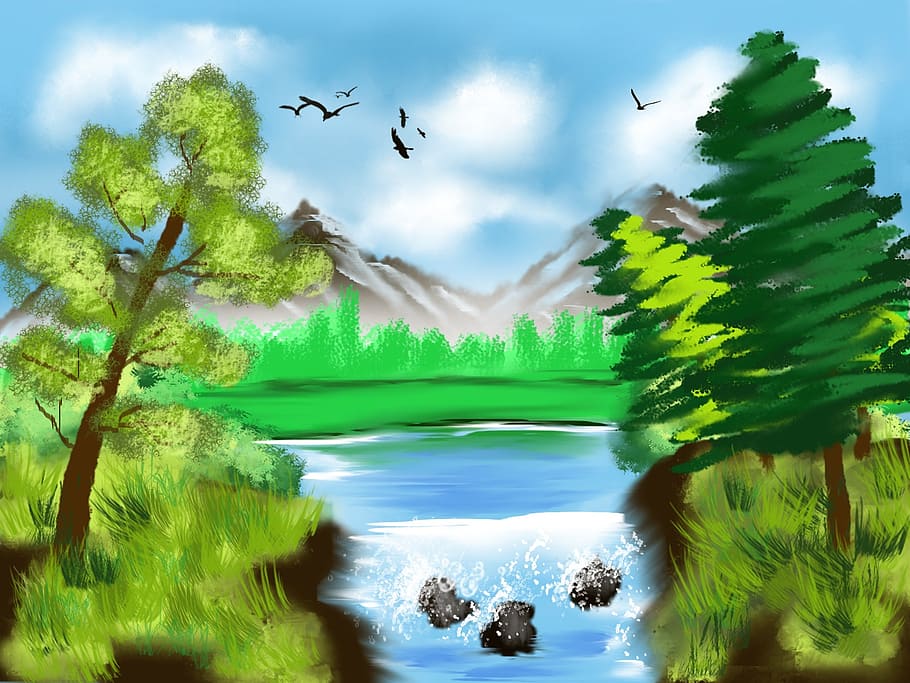 river, trees painting, digital art, artwork, drawing, landscape, art, nature, beautiful, artistic