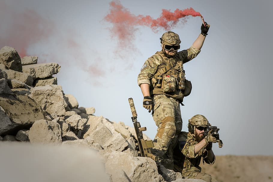 soldier, holding, rifle, another, colored, smoke, open, field, war, desert