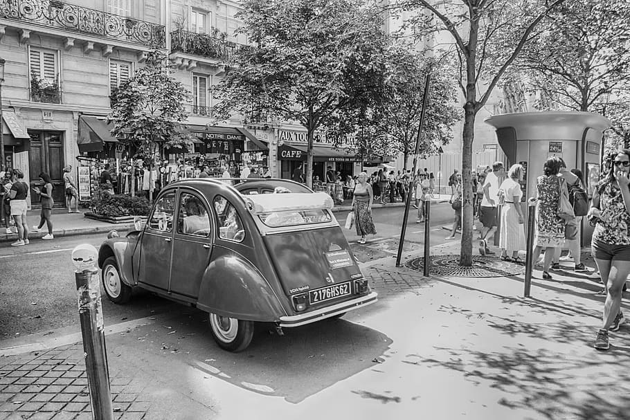 car, 2cv, two-horse, car-old, nostalgia, paris, tourists, black-and-white, summer, automobile