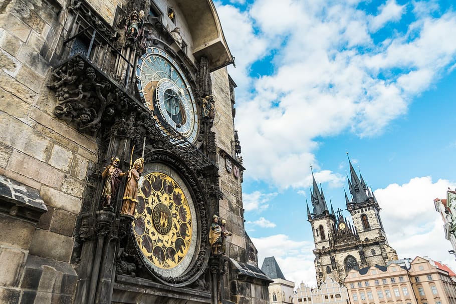 astronómico, reloj, antiguo, plaza de la ciudad, reloj astronómico, plaza de la ciudad vieja, Praga, 1410, arquitectura, nubes