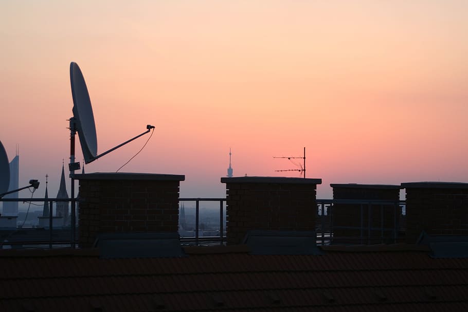 roofs, sky, sunrise, roof, home, fireplace, chimney, old, roof sky, antenna