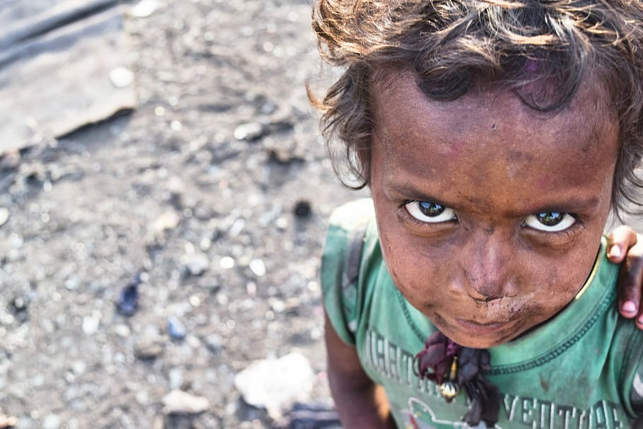 Pobres, barrios marginales, India, cara, al aire libre, niño, infancia, retrato, poco, joven