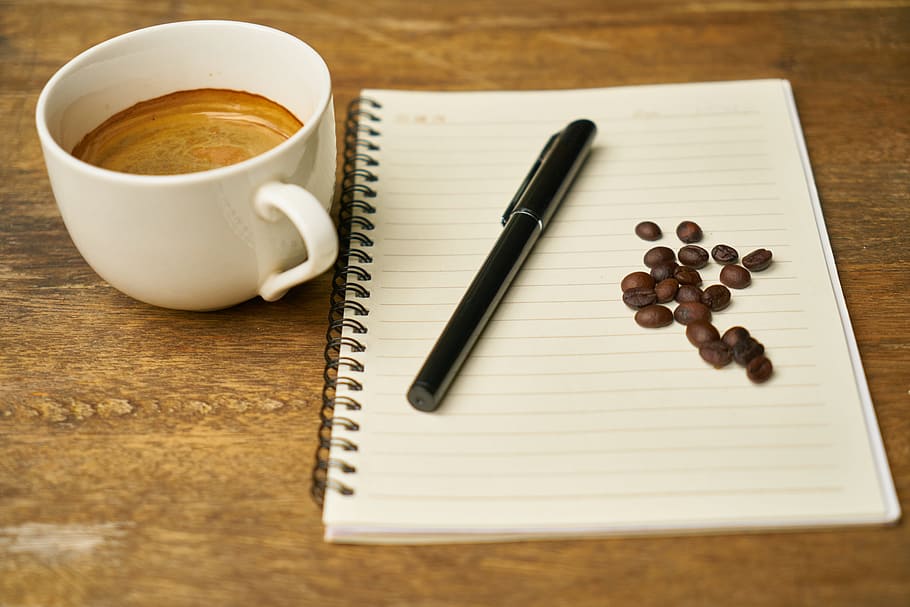 pen, top, notebook, coffee mug, coffee, course, the work, espresso, coffee bean, kernels