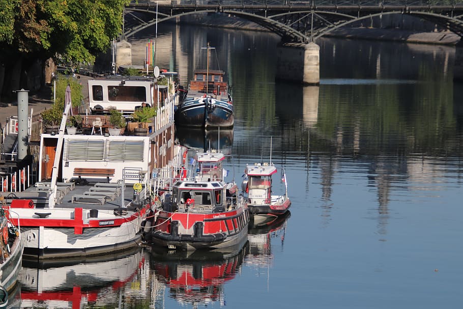 barges, boats, river, the seine, paris, france, browse, quiet, bridge, calm