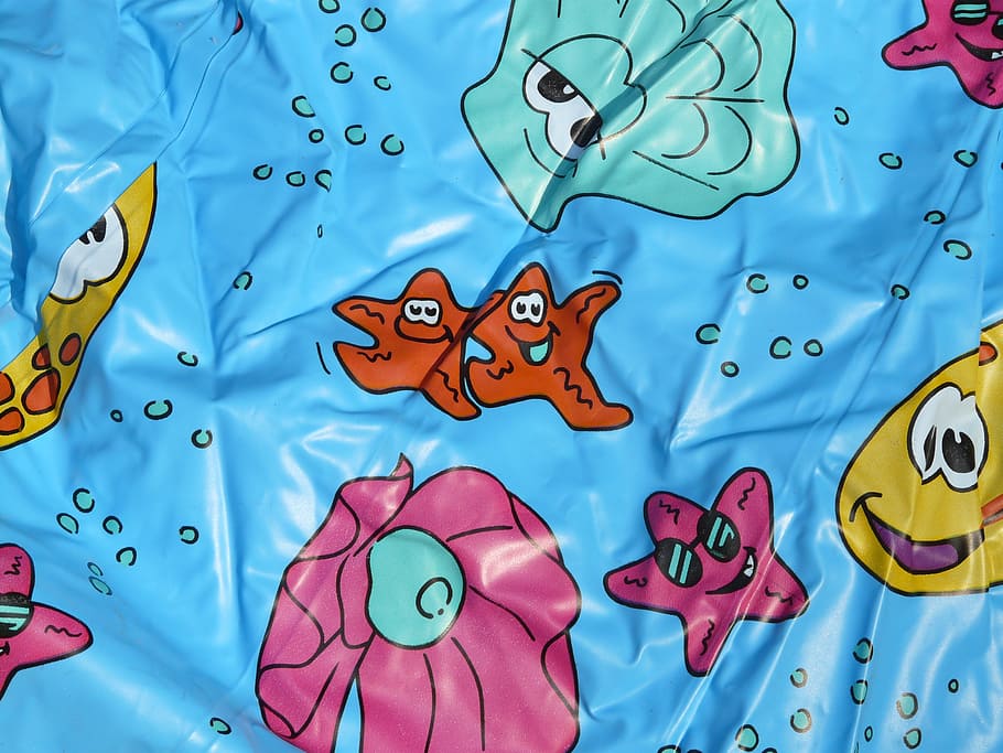 plastic wrap, comic figures, funny, printed, starfish, shell, blue, animal, water, animal representation