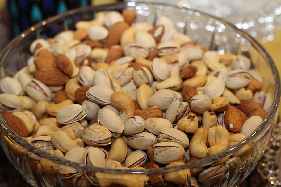 almonds, clear, glass bowl, nuts, pistachios, snack, cashew, almond, mehran b, food and drink