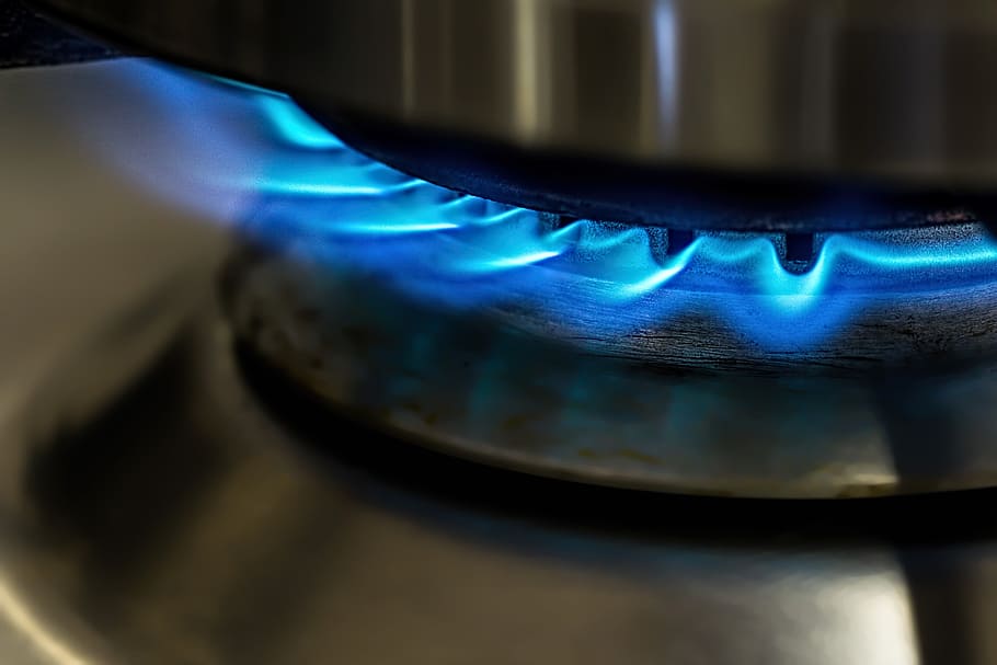 azul, tiro de primer plano de la llama, llama, estufa de gas, cocina, calor, caliente, energía, quemar, combustible