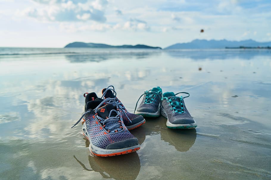 two, pairs, athletic, shoes, grey, sand beach shore, sports, beach, marine, ocean
