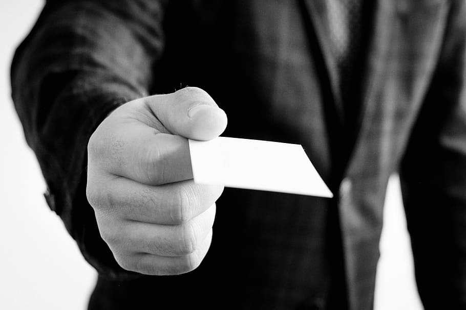 person, holding, white, card, business card, hand, jacket, professional, application, present