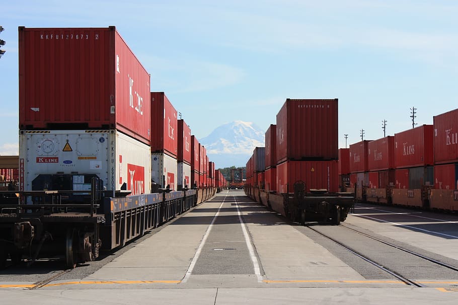 logística, algunas personas no, carga, industria, contenedor, tren, tren de carga, montaña, seattle, puerto de tacoma