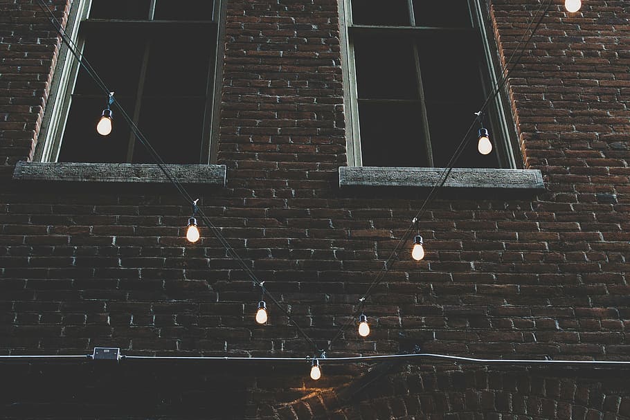 lighted, string lights, front, brown, brick wall, lights, dark, night, bulb, architecture