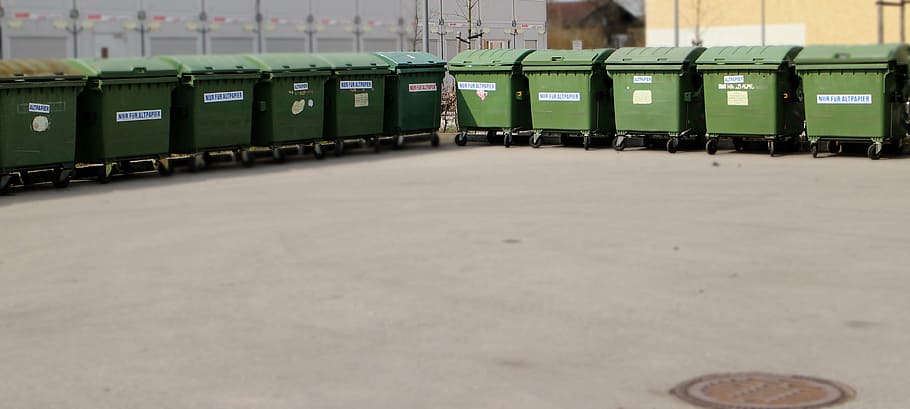 green, trash bin lot, outdoor, daytime, disposal, garbage, dustbin, paper wheelie bin, ton of plastic, environment