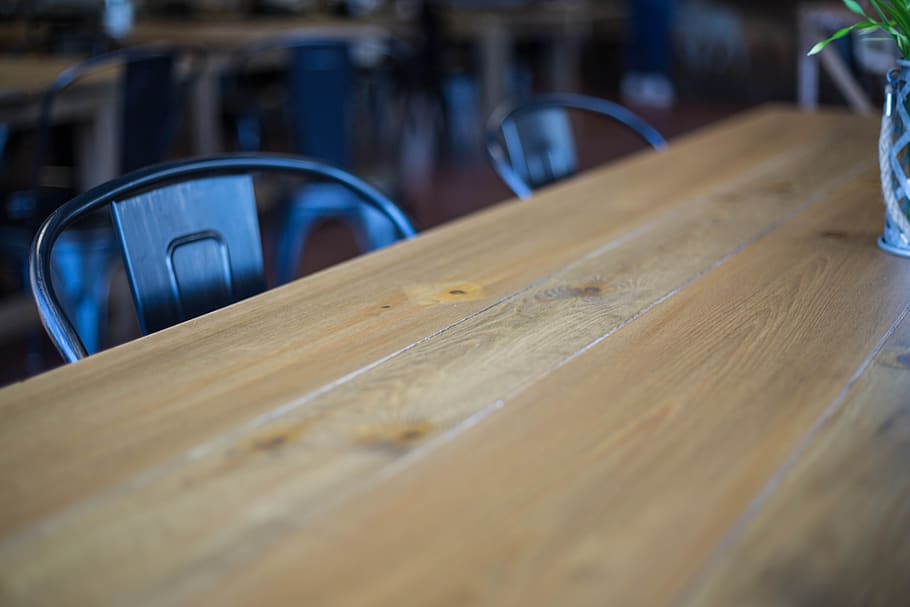 wood, table, empty, chair, wooden, cafe, restaurant, food, bar, modern