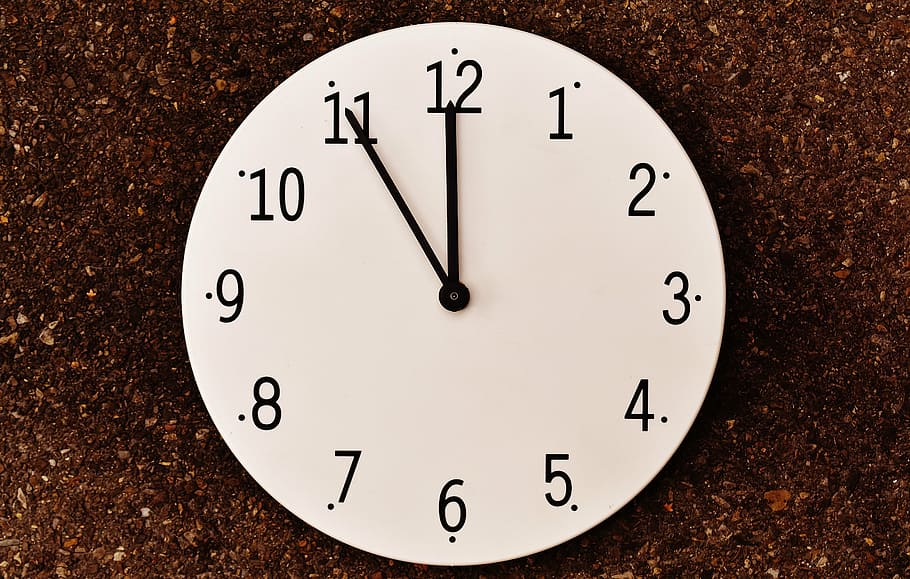 analog clock, 11:55, the eleventh hour, disaster, alarm clock, clock, dial, pointer, hours, time indicating