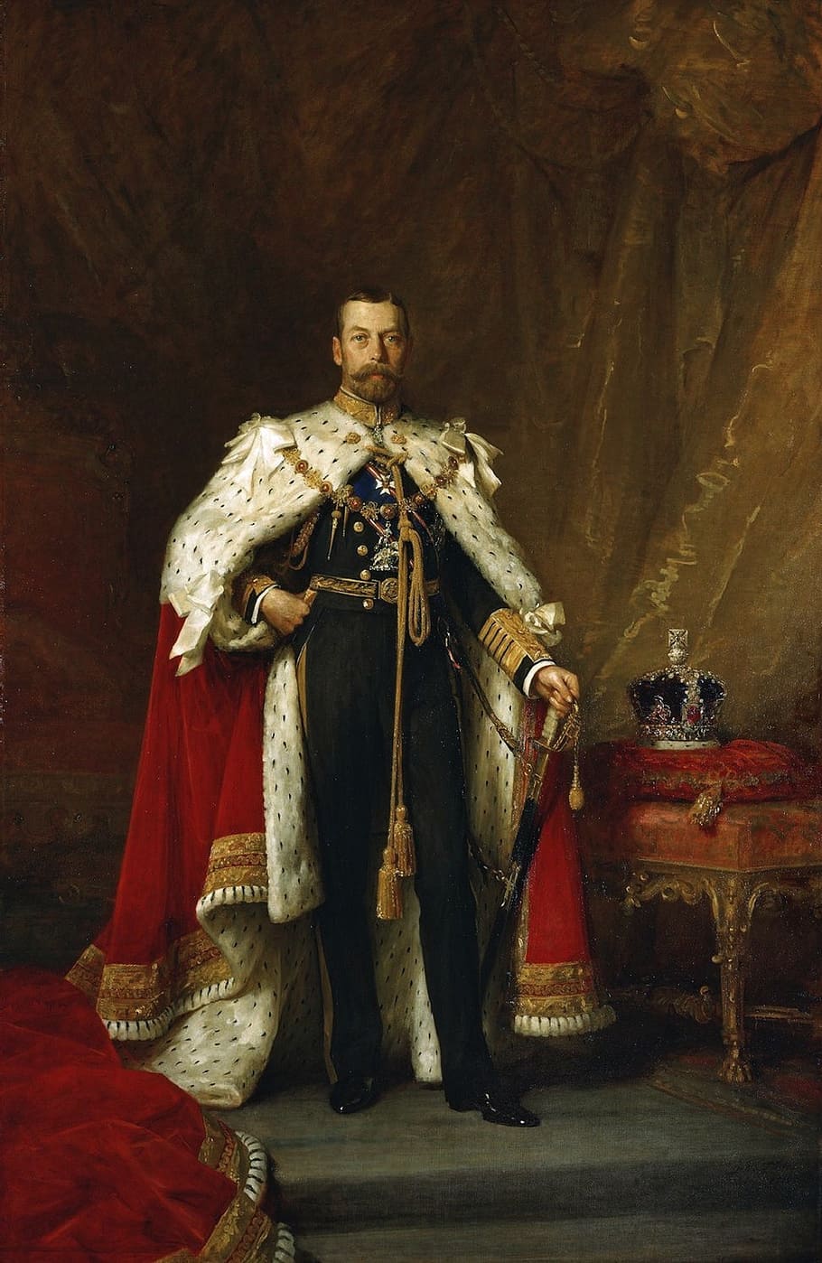 man, wearing, black, brown, suit, cape, holding, sword, crown, chair painting