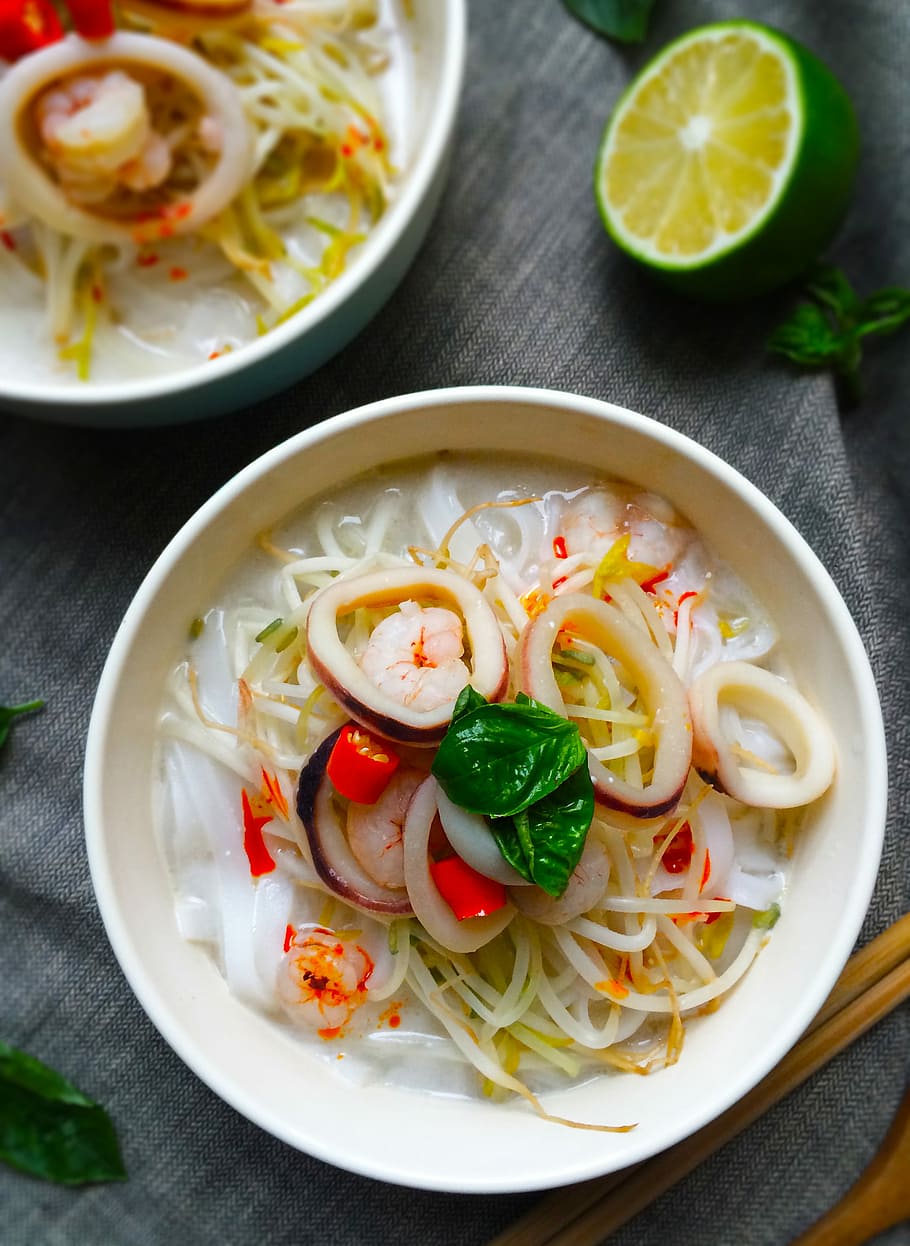 tom yum goong soup, Rice Noodle, Tom Yum Goong, Soup, food, gourmet, vegetable, meal, spice, freshness