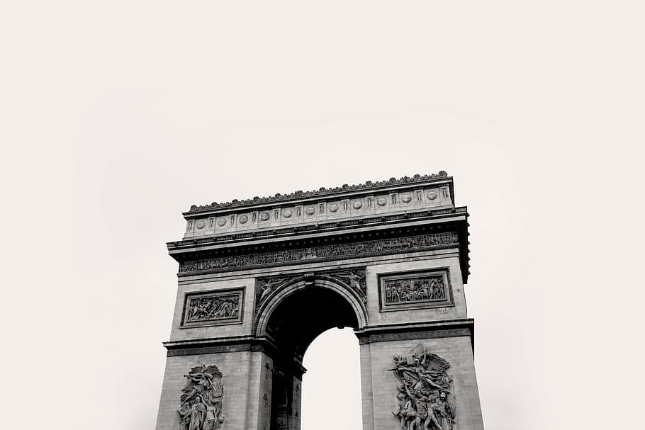 tempat, tengara, arsitektur, struktur, Paris, Eropa, busur, hitam dan putih, lengkungan kemenangan, lengkungan