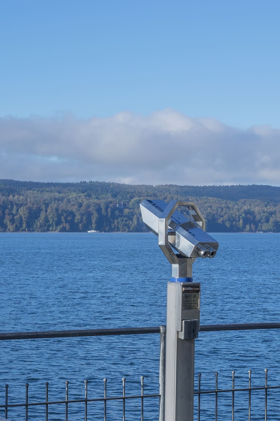 binoculars, lake constance, lake, view, telescope, distant, stainless steel, water, sky, coin operated