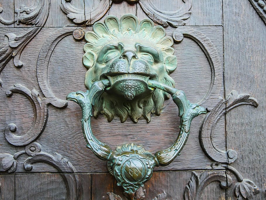 doorknocker, old, door, lion head, input, goal, entrance door, door hardware, wooden door, front door