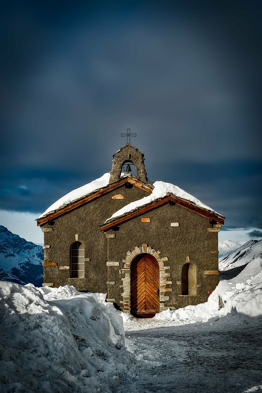 brown, concrete, chapel, snow, coated, mountain, church, switzerland, old, landmark