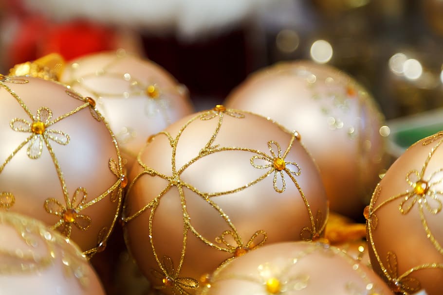 enfeites de ouro, bola, bugiganga, natal, decoração, dourado, férias, ornamentos, bolas, sazonal